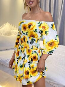 SHEIN SXY 向日葵圖案一字肩腰部打褶連衣裙 - 彩色 - 查看 4