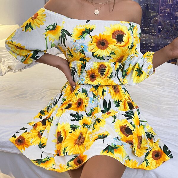 

Sunflower Print Off Shoulder Shirred Waist Dress, Multicolor