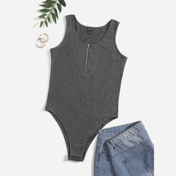 

Plus Solid Zip Front Bodysuit, Dark grey
