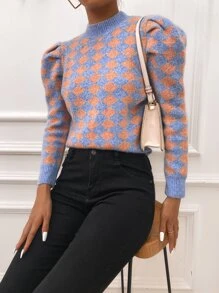 SHEIN Privé Puff Sleeve Argyle Pattern Jumper - Multicolor - View 1