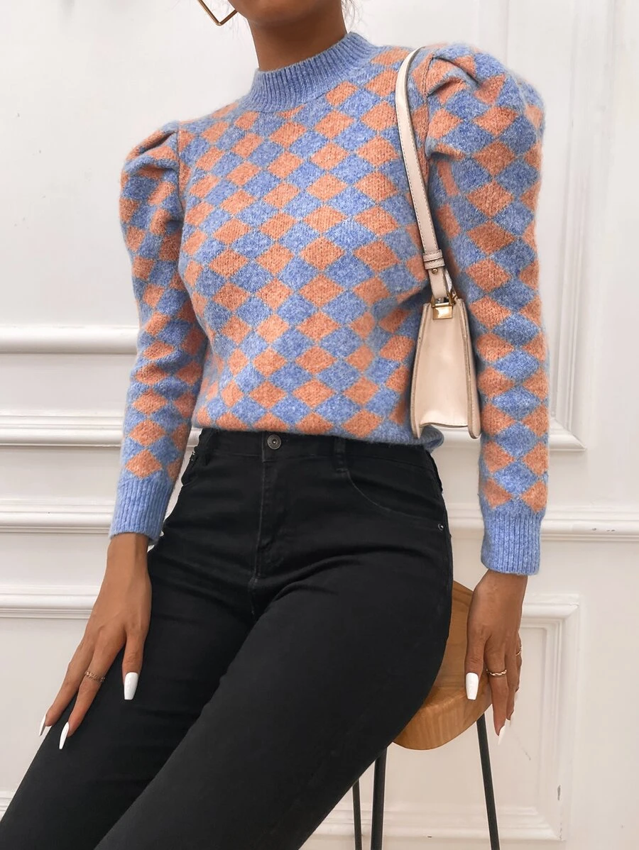 SHEIN Privé Puff Sleeve Argyle Pattern Jumper - Multicolor - View 1