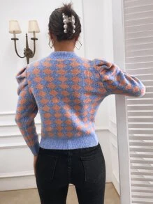 SHEIN Privé Puff Sleeve Argyle Pattern Jumper - Multicolor - View 3