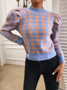 SHEIN Privé Puff Sleeve Argyle Pattern Jumper - Multicolor - View 4