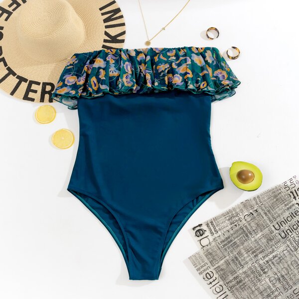 

Floral Print Flounce Bandeau One Piece Swimsuit, Navy blue