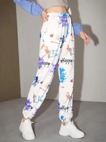 SHEIN 噴濺印花和標語圖案衛褲 - 彩色 - 查看 3