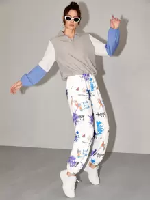 SHEIN 噴濺印花和標語圖案衛褲 - 彩色 - 查看 1