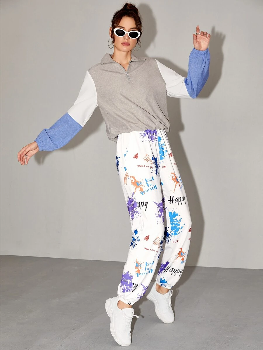 SHEIN 噴濺印花和標語圖案衛褲 - 彩色 - 查看 1