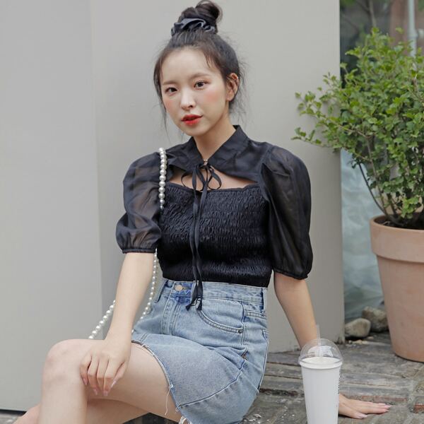 

Solid Tie Neck Shirred Top, Black