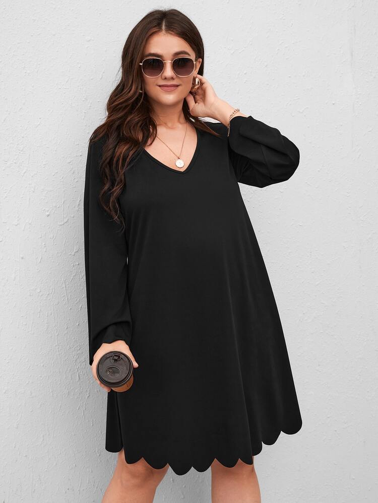 Robes grandes tailles Festonné Casual Unicolore - Noir - Voir 3