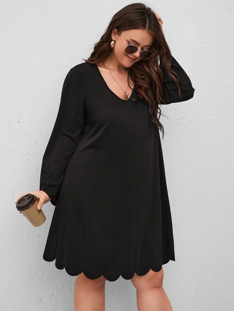 Robes grandes tailles Festonné Casual Unicolore - Noir - Voir 5