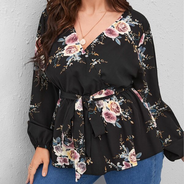 

Plus Floral Print Surplice Front Belted Blouse, Black