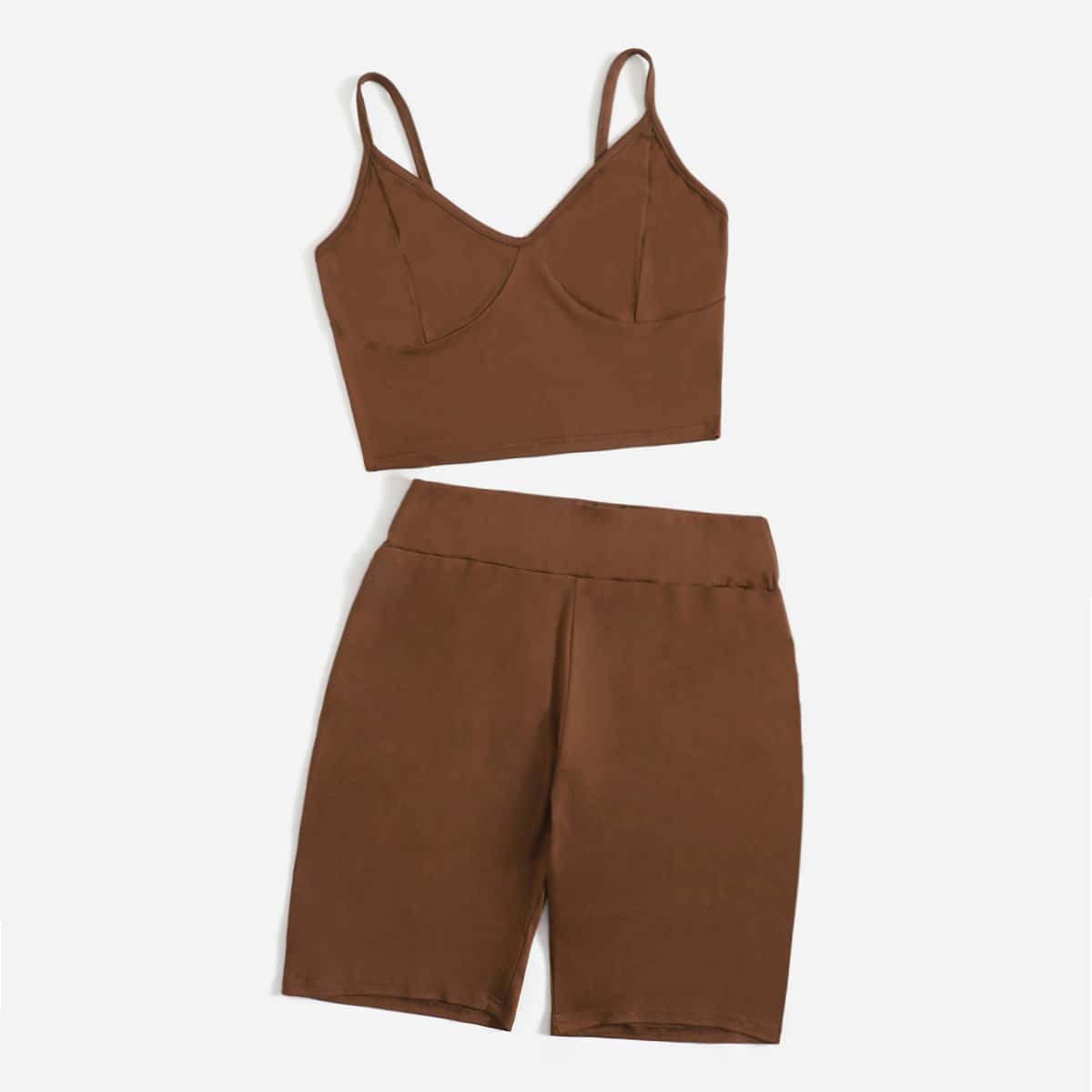 

Solid Crop Cami & Biker Shorts, Coffee brown