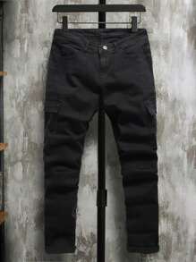 Manfinity Quần Jeans Nam Túi Bị tách màu trơn - màu đen - Xem 4