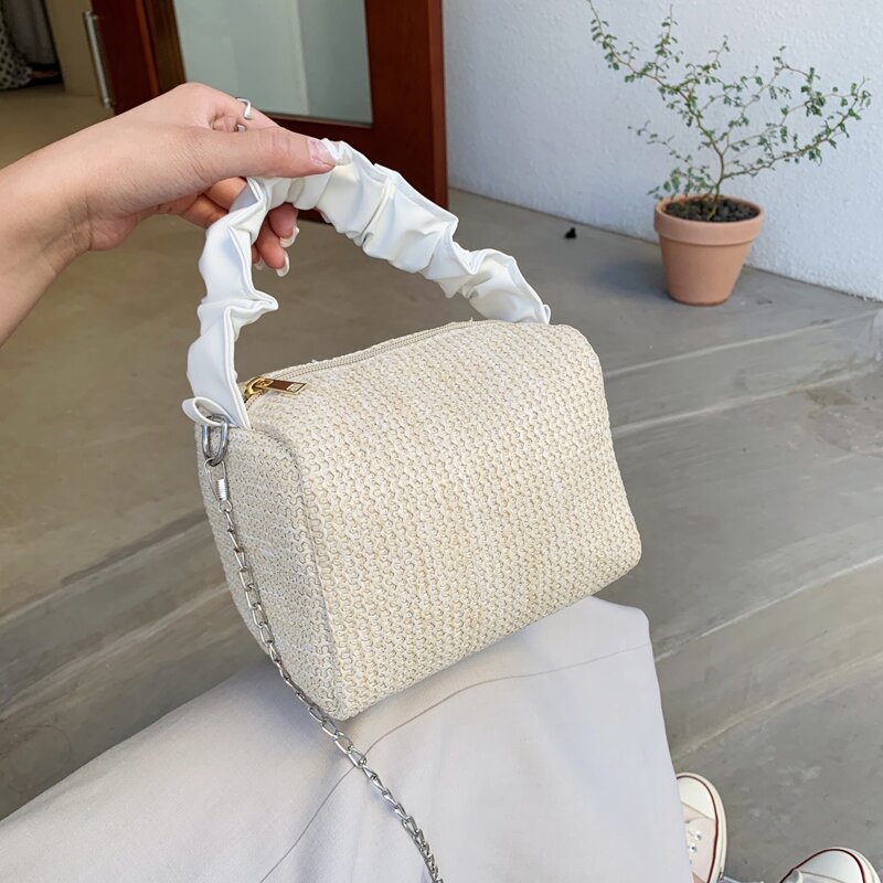 

Ruched Chain Straw bag, Beige