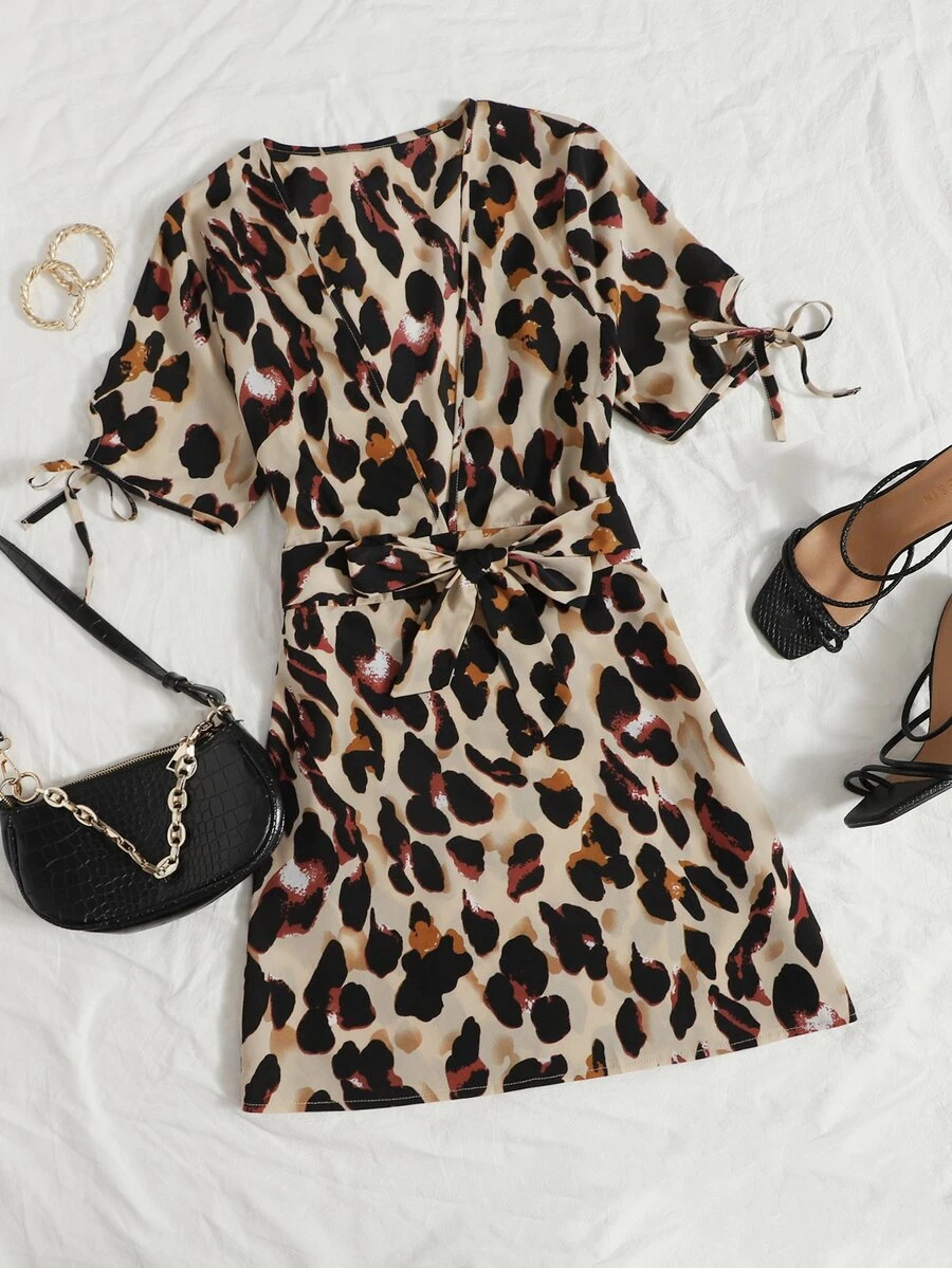 Allover Print Tie Cuff Belted Dress - Multicolor - View 1