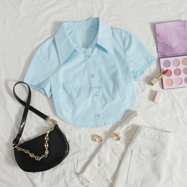 

Solid Asymmetrical Hem Crop Blouse, Baby blue
