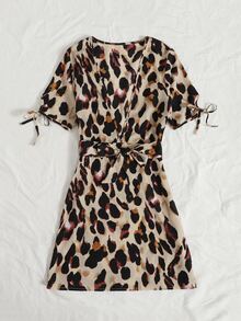 Allover Print Tie Cuff Belted Dress - Multicolor - View 5