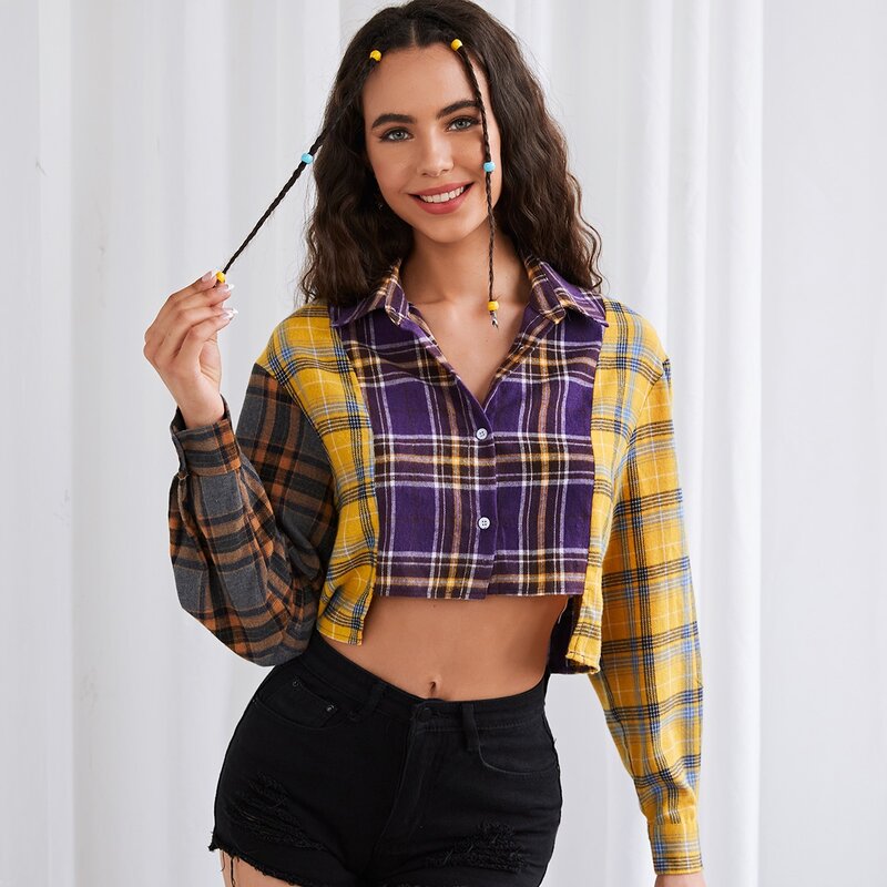 

Plaid Colorblock Drop Shoulder Button Front High Low Hem Crop Blouse, Multicolor
