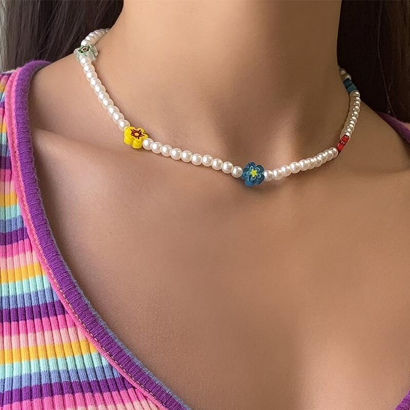 

1pc Faux Pearl Beaded Necklace, Multicolor