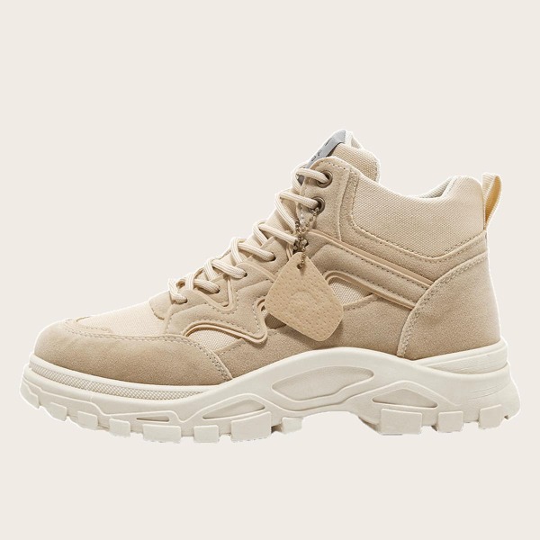 

Men Lace-up Front Letter Patch Boots, Beige