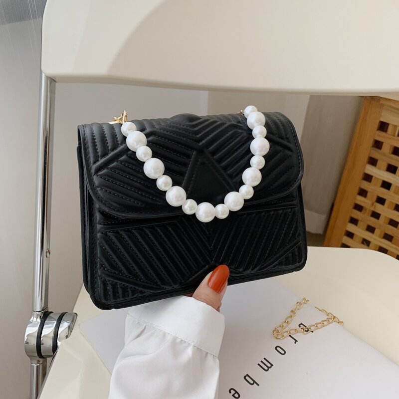 

Faux Pearl Decor Quilted Satchel Bag, Black
