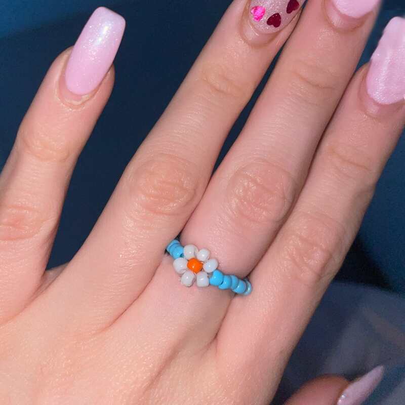 

1pc Flower Beaded Ring, Baby blue
