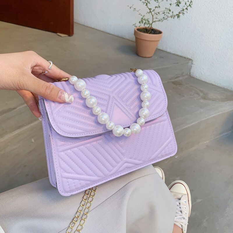 

Faux Pearl Decor Quilted Satchel Bag, Purple