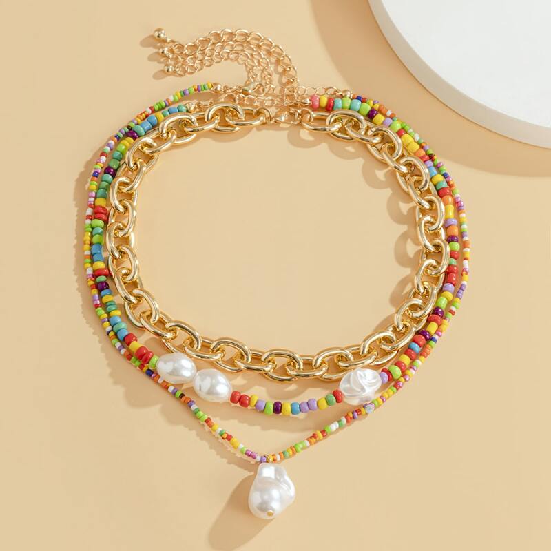 

3pcs Faux Pearl Decor Beaded Necklace, Gold