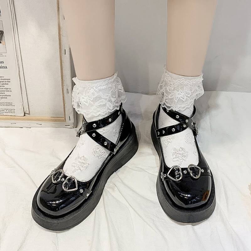 

Heart Buckle Wedge Shoes, Black