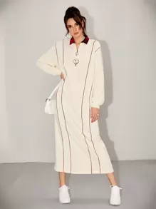 Mulvari Contrast Collar Heart & Letter Graphic Oversized Dress - Beige - View 1