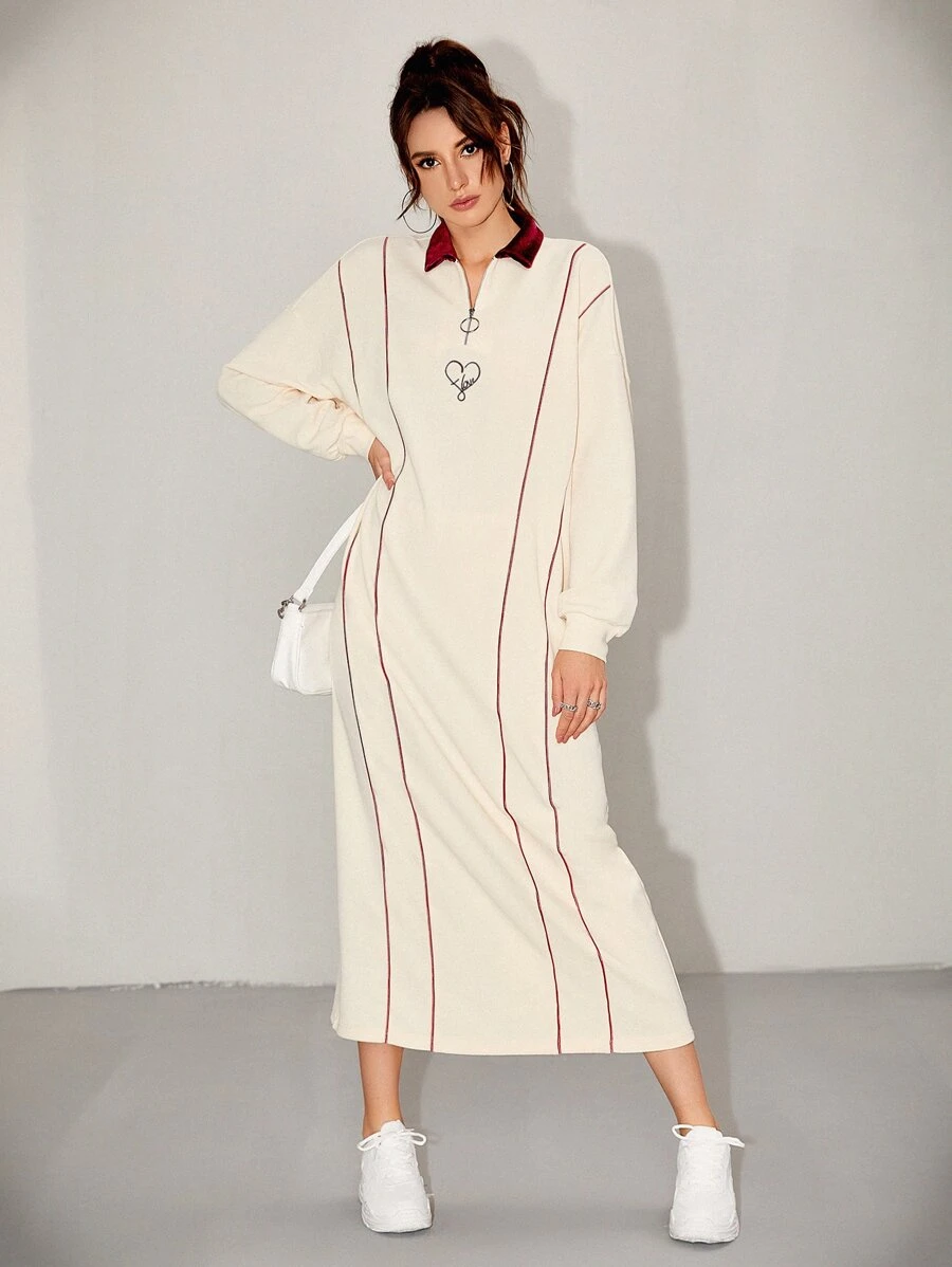 Mulvari Contrast Collar Heart & Letter Graphic Oversized Dress - Beige - View 1