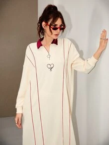 Mulvari Contrast Collar Heart & Letter Graphic Oversized Dress - Beige - View 5