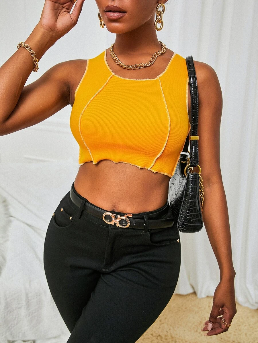 Áo hai dây Gân đan màu trơn Giải trí - Màu Mù tạt vàng - Xem 1