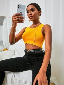 Áo hai dây Gân đan màu trơn Giải trí - Màu Mù tạt vàng - Xem 4