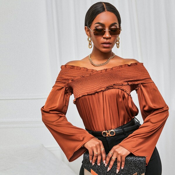 

Shirred Crossover Bardot Blouse, Rust brown
