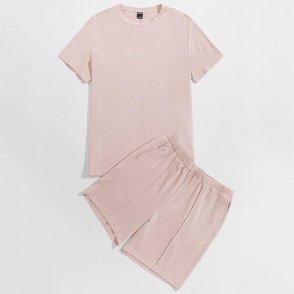 

Men Embroidery Letter Top & Shorts PJ Set, Dusty pink