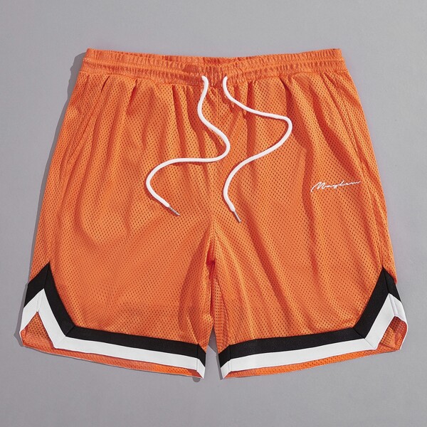 

Men Letter Embroidered Contrast Tape Mesh Shorts, Orange