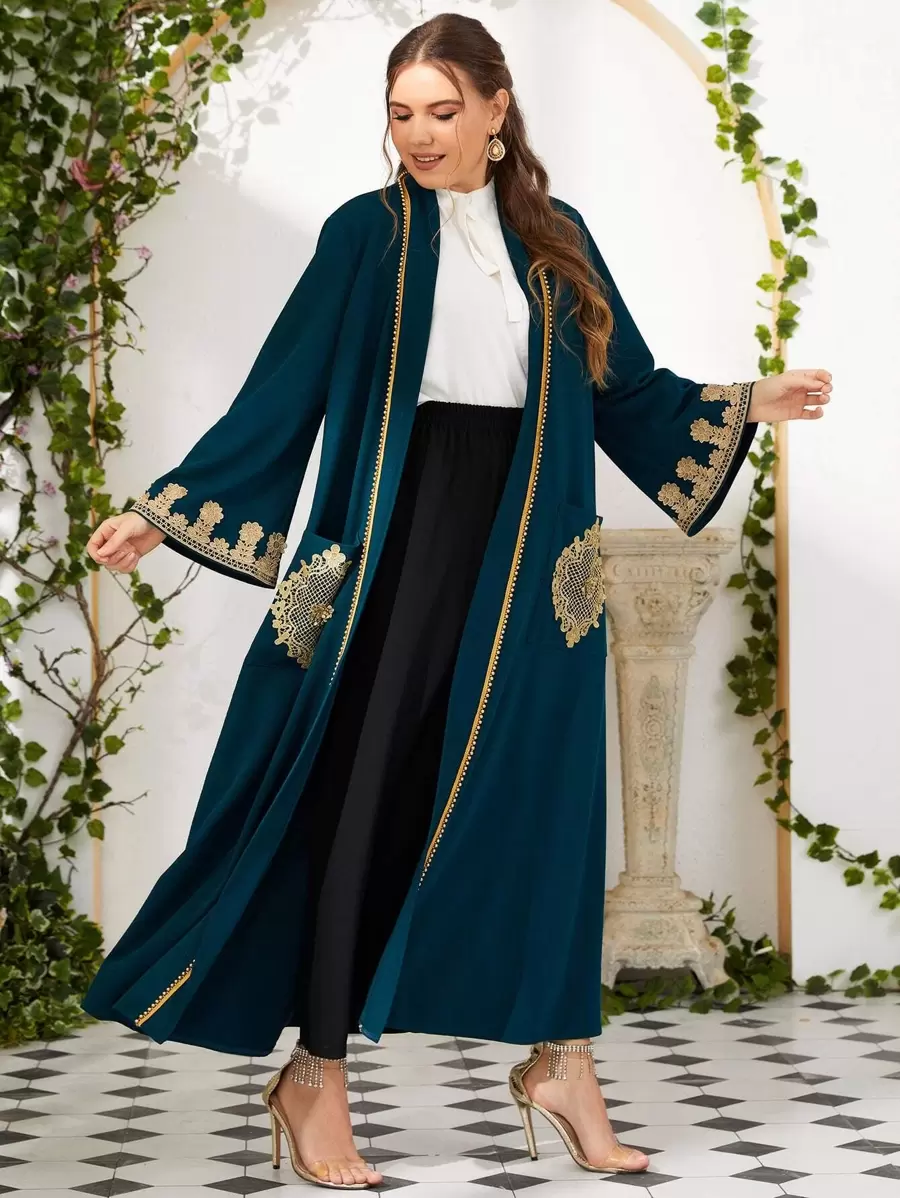 Al Najma Plus Dual Pocket Appliques Abaya - Dark Green - View 1