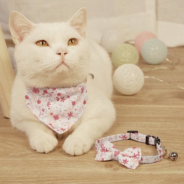 

1pc Flower Print Pet Bandana & 1pc Pet Collar, Multicolor
