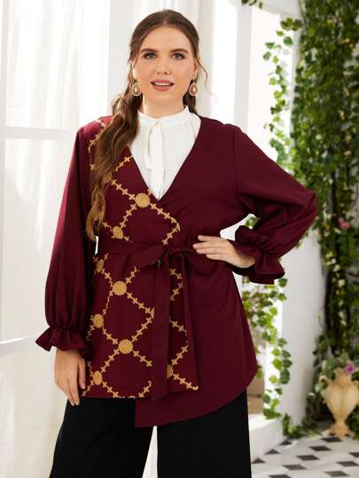 Mulvari Burgundy Red Plus Embroidery Flounce Sleeve Belted Blouse Fall Cloth For Women