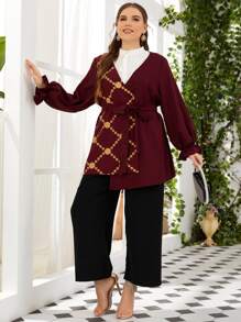 Mulvari Blusa con cinturón, mangas acampanadas y bordados, color rojo borgoña - Burdeos - Ver 3