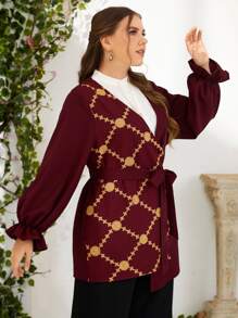 Mulvari Blusa con cinturón, mangas acampanadas y bordados, color rojo borgoña - Burdeos - Ver 4