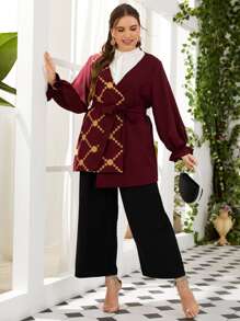 Mulvari Blusa con cinturón, mangas acampanadas y bordados, color rojo borgoña - Burdeos - Ver 5