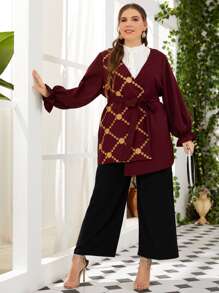 Mulvari Blusa con cinturón, mangas acampanadas y bordados, color rojo borgoña - Burdeos - Ver 6