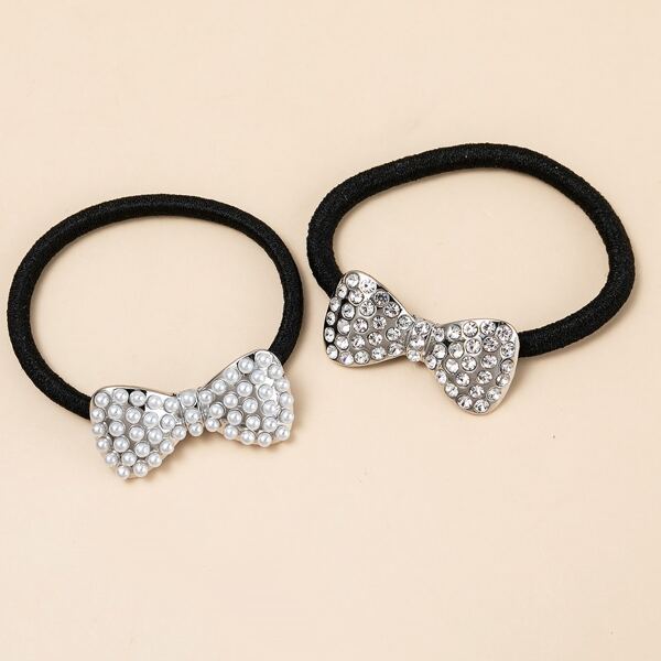 

2pcs Faux Pearl & Rhinestone Bow Decor Hair Tie, Silver