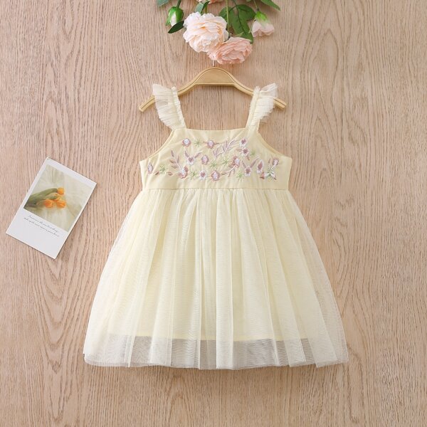 

Baby 1pc Floral Embroidery Mesh Hem Cami Dress, Apricot