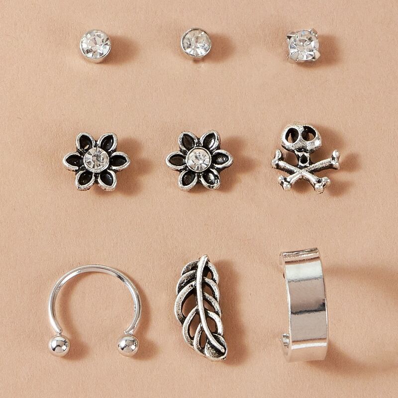 

9pcs Flower & Leaf Earrings, Antique silver