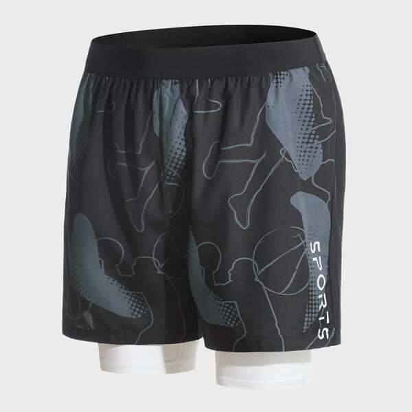 

Men Letter Graphic 2 In 1 Sports Shorts, Black