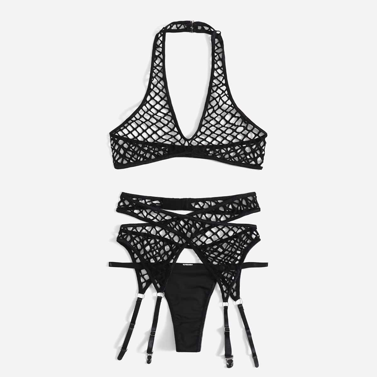 

Hollow Out Halter Garter Lingerie Set, Black