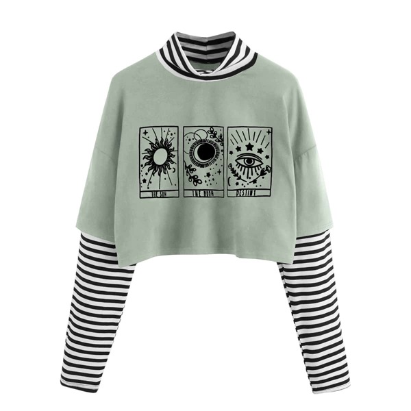 

Plus Letter And Graphic Print Striped Sleeve Combo Tee, Mint green